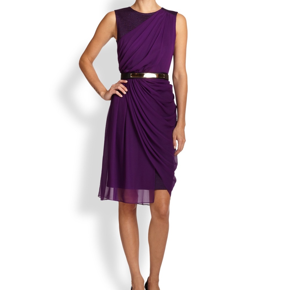 St. John Milano Knit Silk Chiffon Draped Dress 10 - Picture 3 of 8